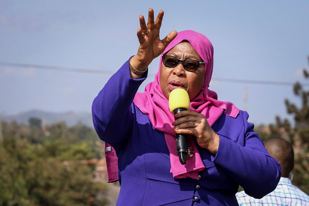 Samia Suluhu Hassan speaks during a tour of the Tanga region of Tanzania. 