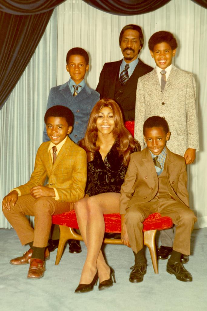 Tina Turner with her family circa 1972. Clockwise from bottom left: Michael Turner, Ike Turner Jr., Ike Turner, Craig Hill and Ronnie Turner.