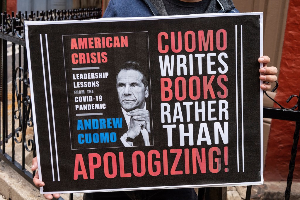 Cuomo was questioned for finding the time to write a book during the height of a global health crisis at a rally for grieving families of nursing home COVID-19 victims outside the Cobble Hill Health Center in Brooklyn, New York, on October 18, 2020.