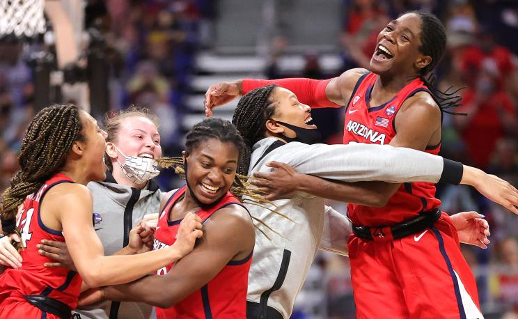 Arizona players celebrate after their 69-59 win over UConn in the women's Final Four.