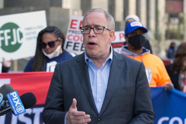 City Comptroller and mayoral candidate Scott Stringer speaking at a rally in Manhattan on April 14, 2021.