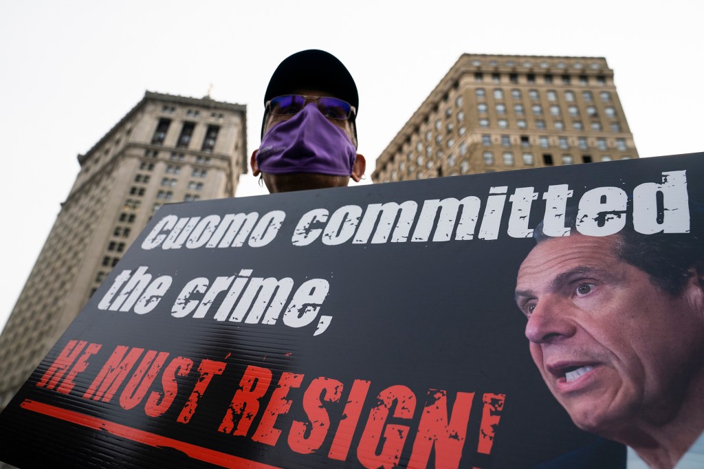 Demonstrators gather for a rally decrying New York Governor Andrew Cuomo's handling of nursing homes during the COVID-19 outbreak