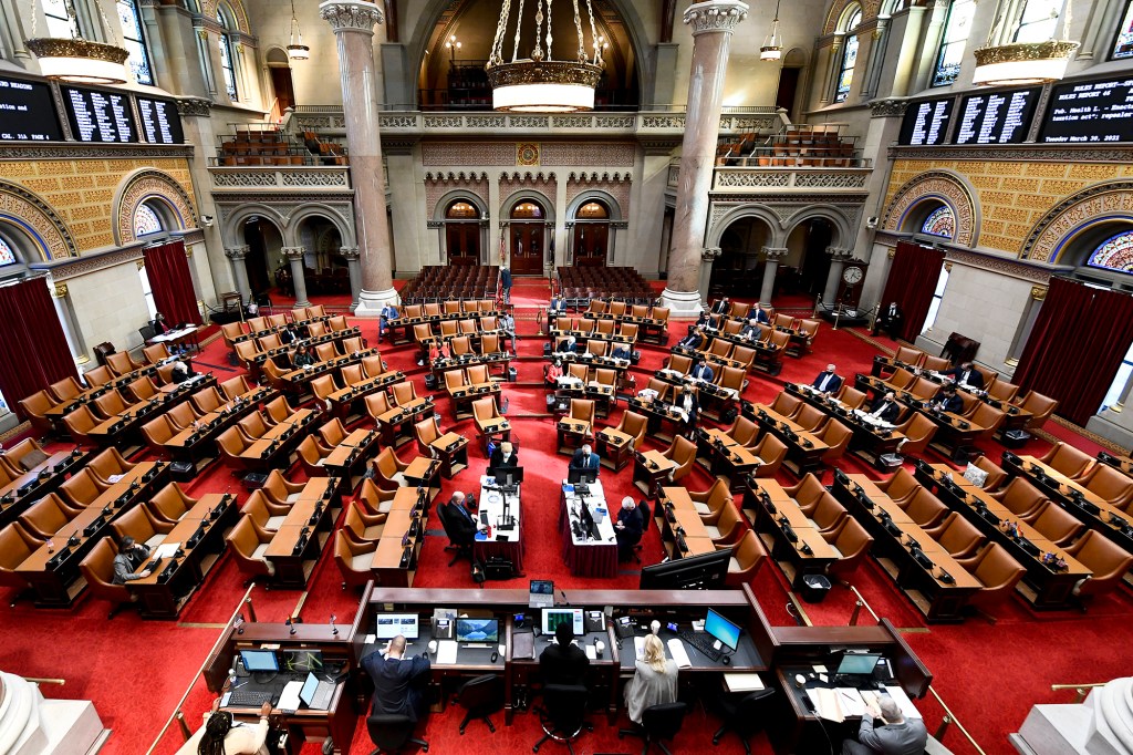 Members of the New York Assembly debate legislation before voting to legalize adult-use cannabis during a Legislative Session in the Assembly Chamber at the New York State Capitol on March 30, 2021.