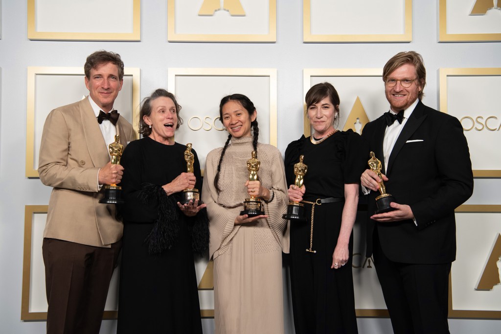 (L-R) Peter Spears, Frances McDormand, Chloe Zhao, Mollye Asher, and Dan Janvey