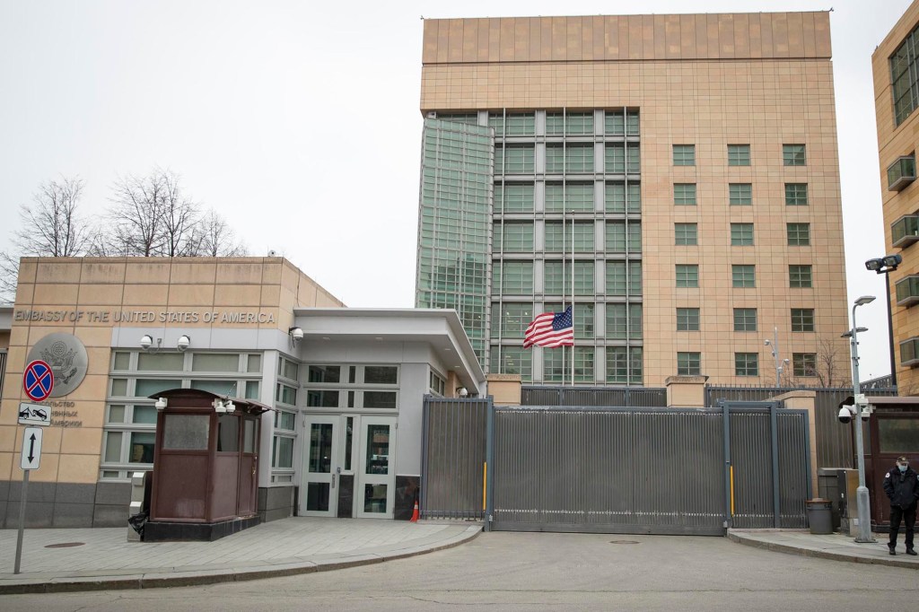 Security staff patrol the U.S. Embassy in Moscow, Russia on April 20, 2021.