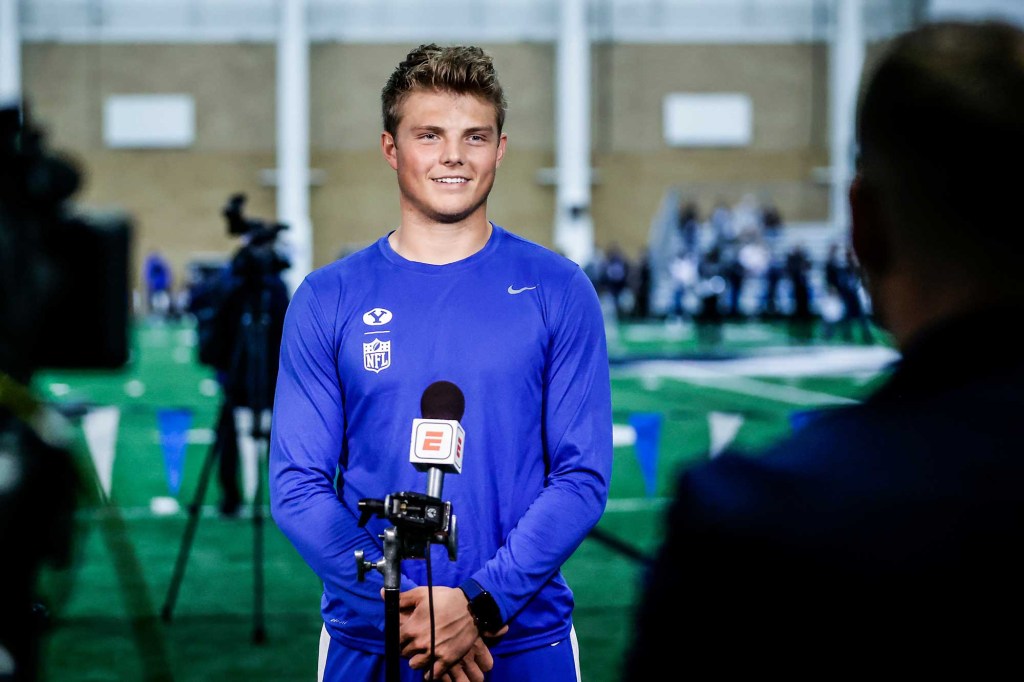 Zach Wilson speaks to the media at BYU's pro day.