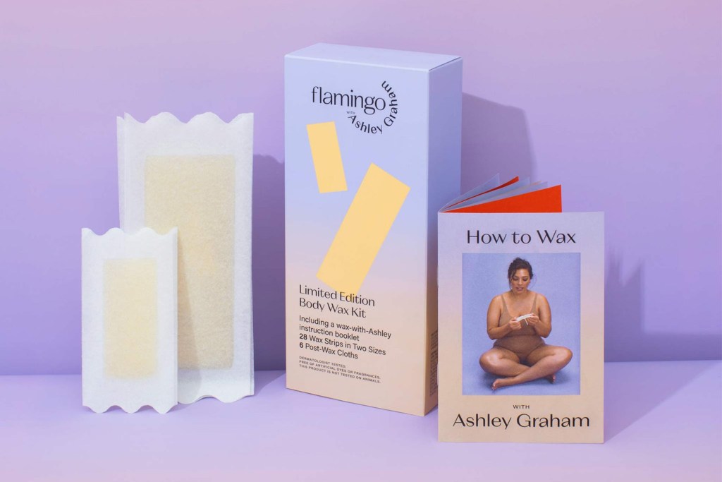 A waxing kit with strips and a box and a pamphlet with Ashley Graham on it 