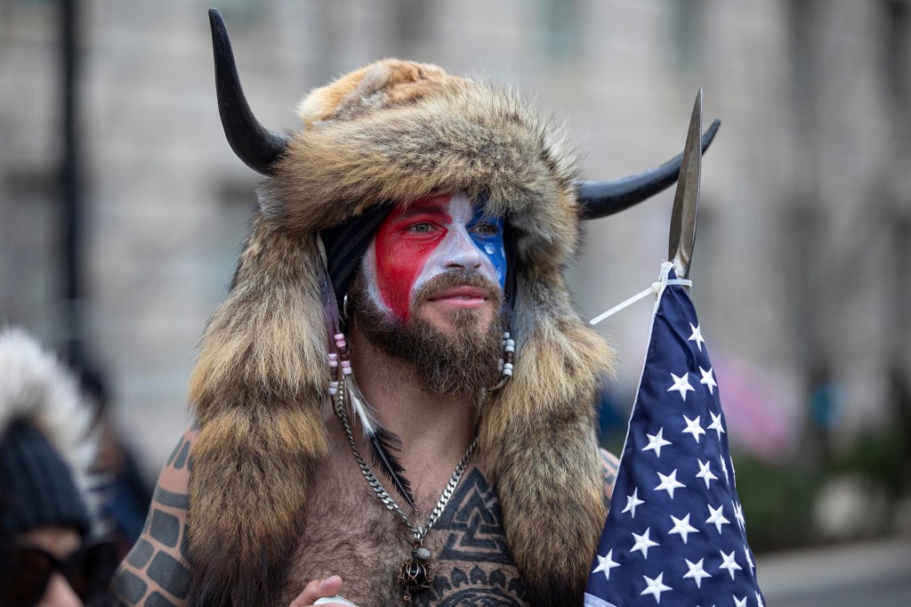 Jacob Chansley dressed as the QAnon Shaman.