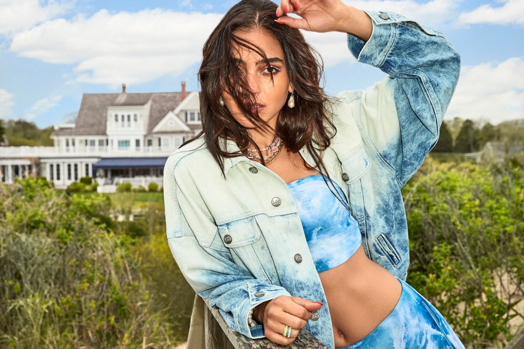 The actress posing in a denim jacket. 