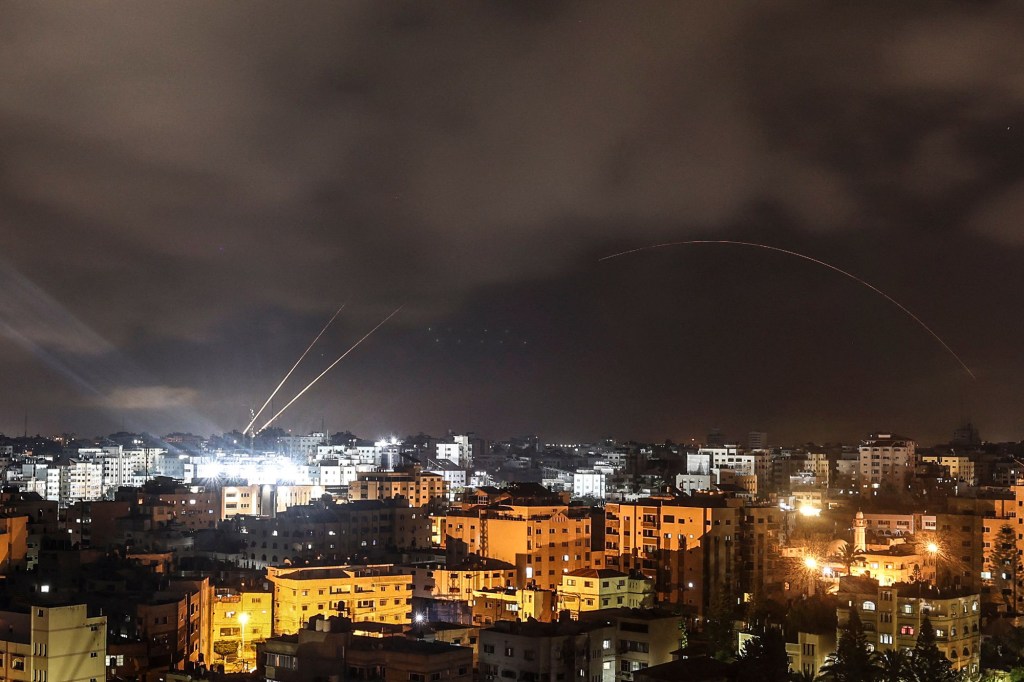 Rockets are fired from the Gaza Strip just before the start of the ceasefire brokered by Egypt between Israel and the ruling Islamist movement Hamas on May 21, 2021.