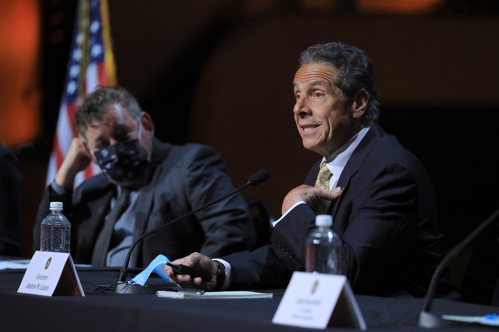 Gov. Andrew Cuomo answering a question in Radio City Music Hall on May 17, 2021.