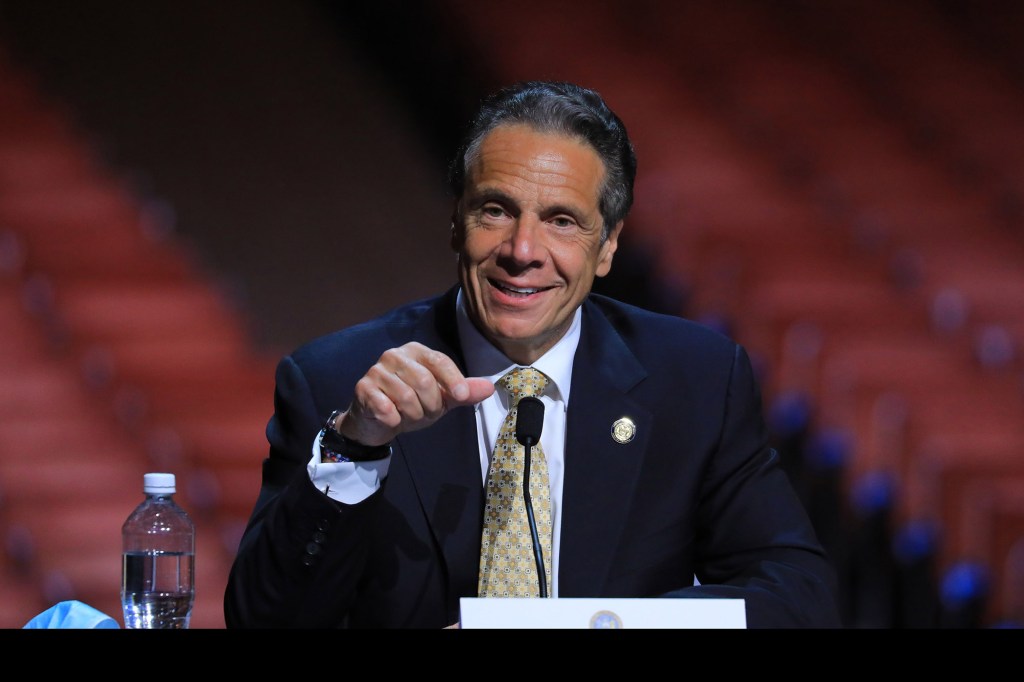 Gov. Andrew Cuomo chuckling at a press conference in Radio City Music Hall on May 17, 2021.