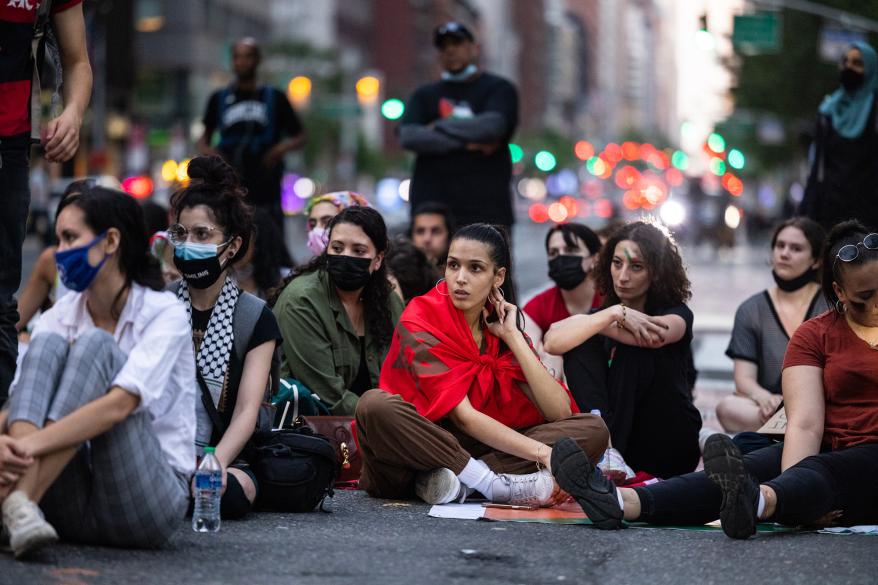 Pro Palestine protesters gather outside of the 17th precinct demanding the release of a protester was arrested by NYPD.