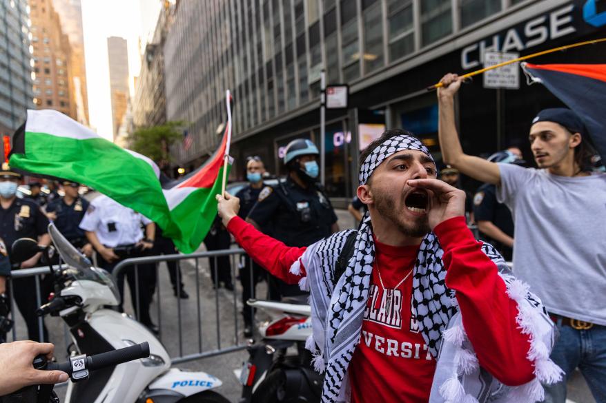 Pro Palestine protesters gather outside of the 17th precinct demanding the release of a protester was arrested by NYPD.