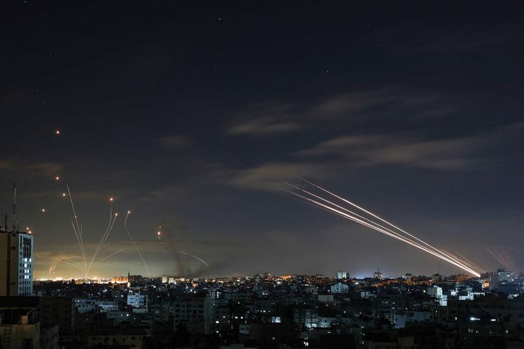 Israel's Iron Dome missile defense system intercepting rocket attacks from Hamas in Gaza on May 16, 2021.