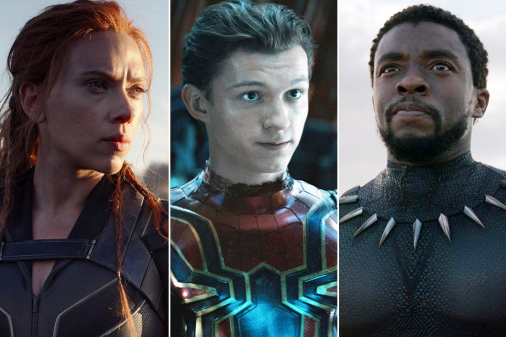 Phase 4 of the Marvel Cinematic Universe includes "Black Widow" (left) and sequels  "Spider-Man: No Way Home" and "Black Panther: Wakanda Forever."