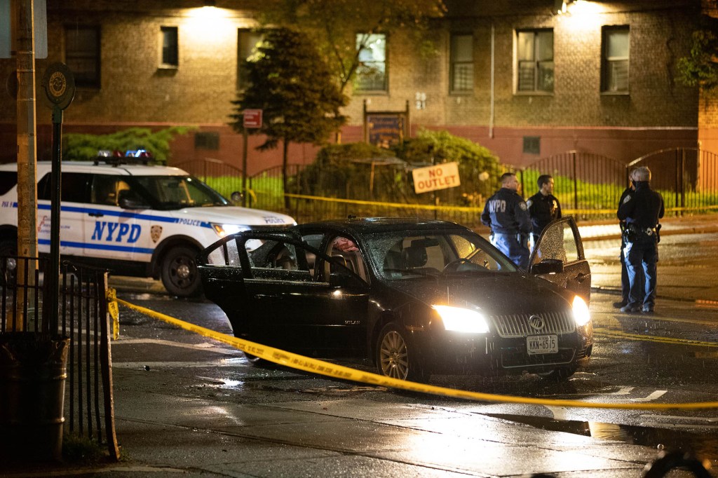 Police investigate the a shooting on Vernon Blvd and 41st Ave. in Queens, on May 10, 2021.