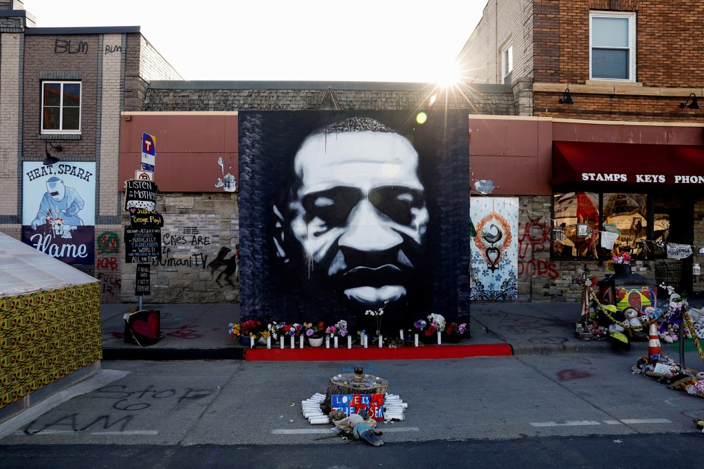 A view of a George Floyd mural located next to Cup Foods at George Floyd Square in Minneapolis, Minnesota.