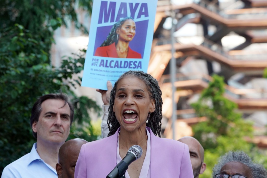 NYC Democratic Mayoral Candidate, Maya Wiley speaking at Hudson Yards.