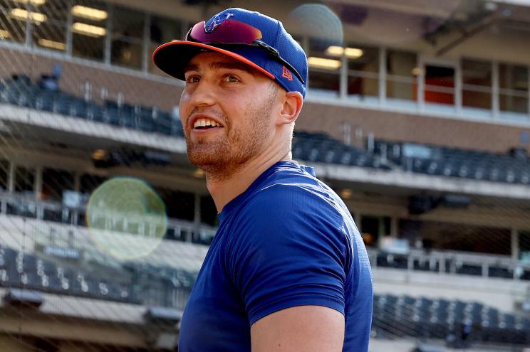 Brandon Nimmo #9 of the New York Mets stands on the field during batting practice before the game against the Chicago Cubs at Citi Field on June 16, 2021 in the Flushing neighborhood of the Queens borough of New York City.