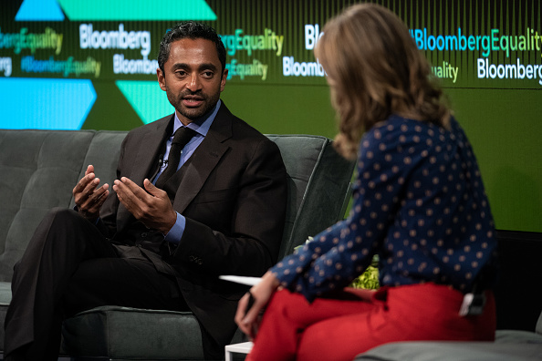 Venture capitalist Chamath Palihapitiya speaks on a stage in 2018