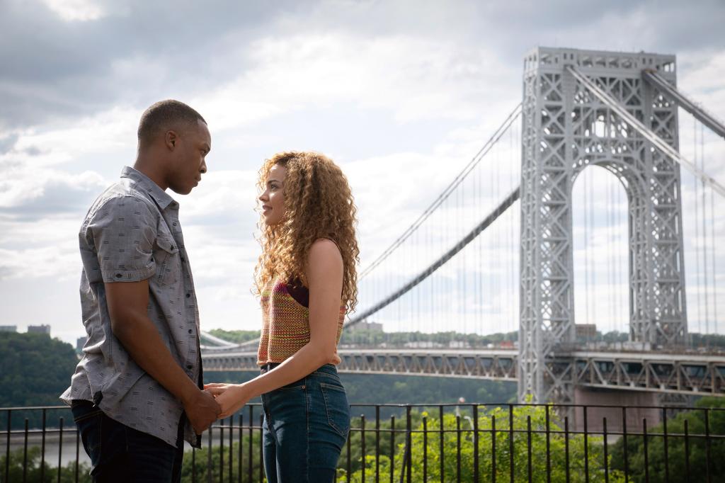 Corey Hawkins and Leslie Grace share a romantic scene together at J. Hood Wright park.