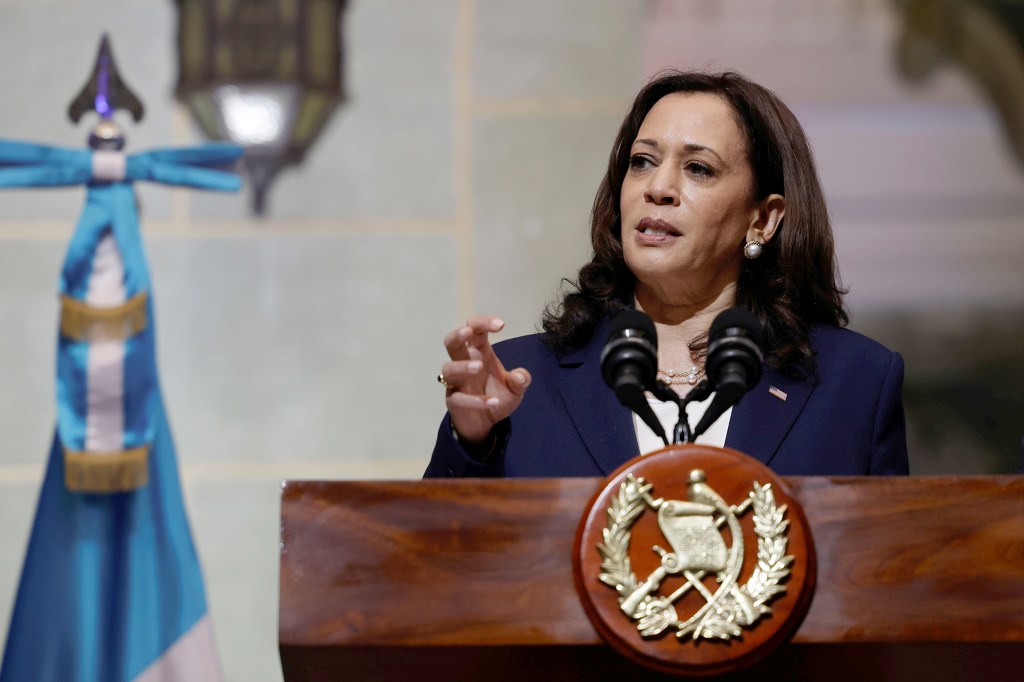 Vice President Kamala Harris speaking at a news conference with Guatemala's President Alejandro Giammattei in Guatemala City on June 7, 2021.