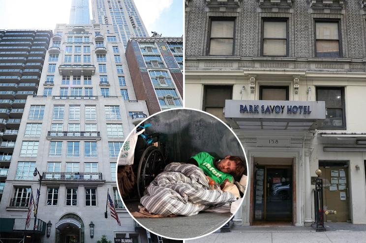 A mansion at 220 Central Park South (left) has sold for $157.5 million, just one block from the Park Savoy (right), which is now a homeless shelter.