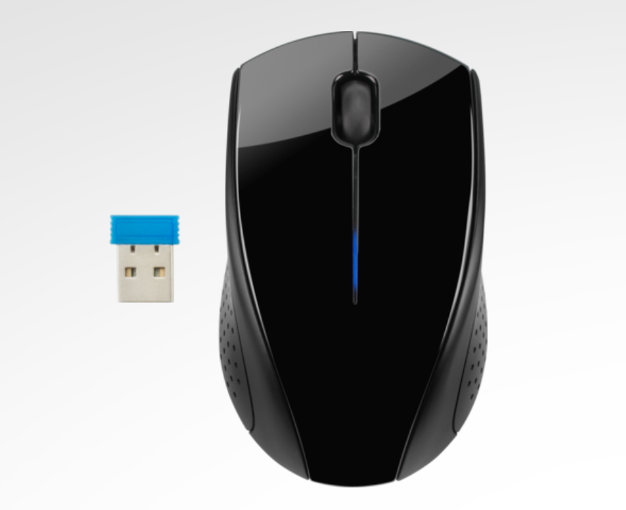 A black HP mouse and micro-receiver