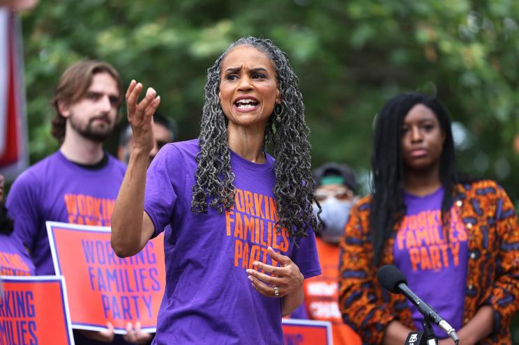 Maya Wiley speaks during a New York Working Families Party GOTV Rally for the group's endorsed candidates in Fort Greene Park on June 11, 2021, in Brooklyn.