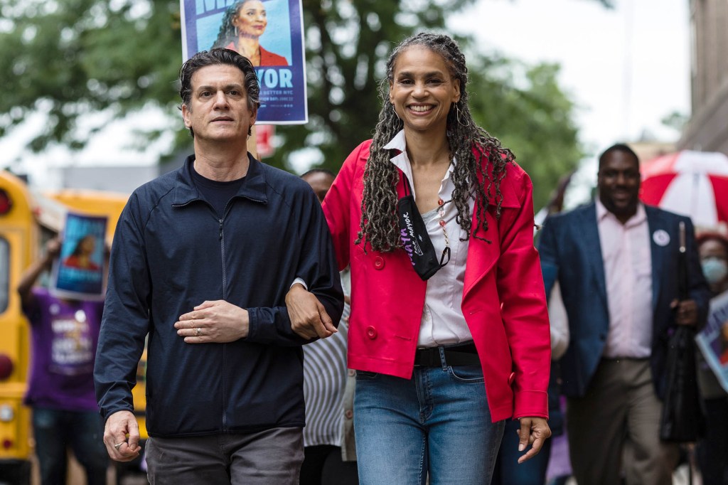 Maya Wiley arrives with her husband Harlan Mandel at the polling station at Erasmus Hall High School in Flatbush, Brooklyn on June 14, 2021.