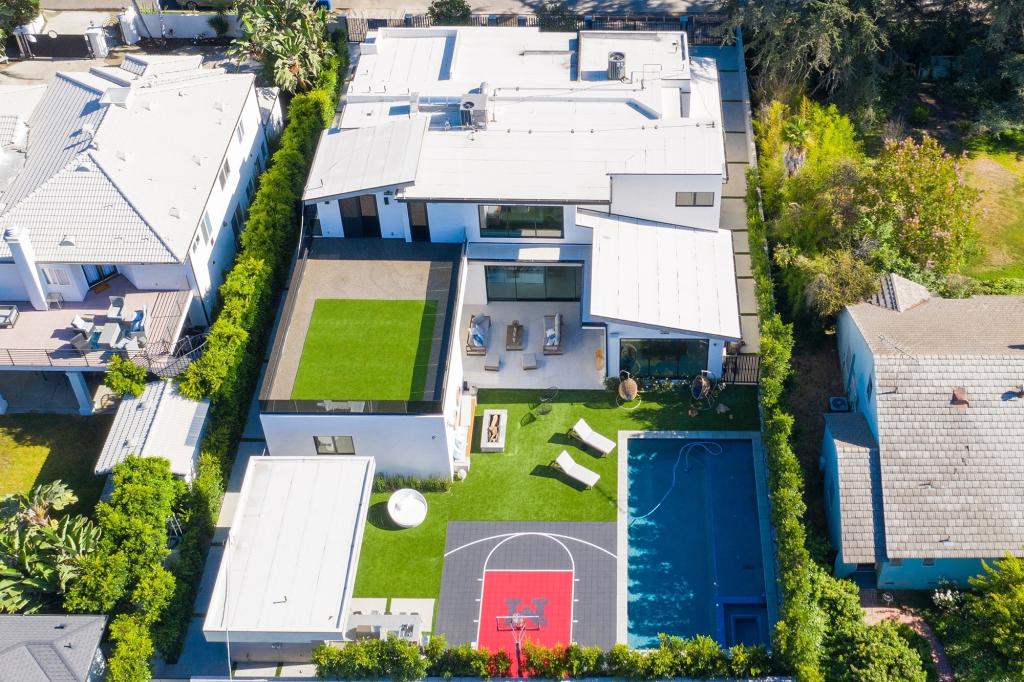 An aerial shot of the backyard.