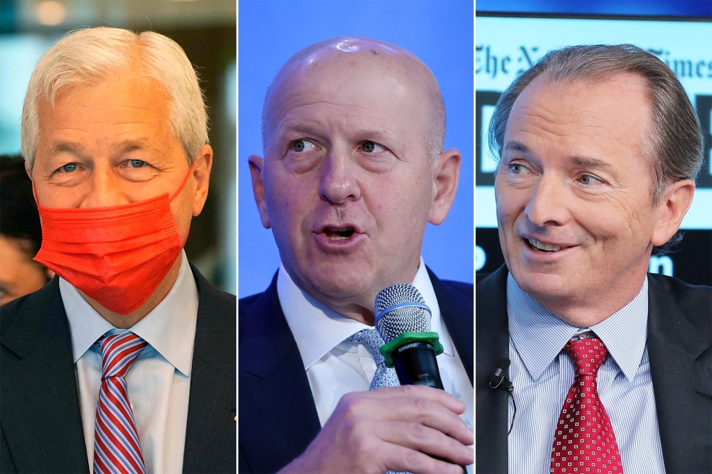 Big-bank CEOs including (from left) Jamie Dimon, David Solomon and James Gorman — who are helping lead NYC’s economic comeback — fear the COVID Delta variant and stifling new mandates from Gov. Cuomo and Mayor de Blasio could derail the turnaround.