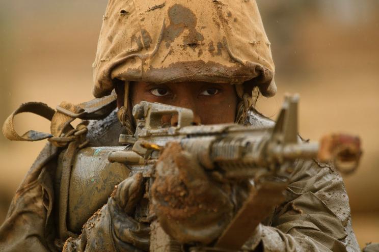 A female US Marine Corps recruit in the USMC's first gender integrated training class.