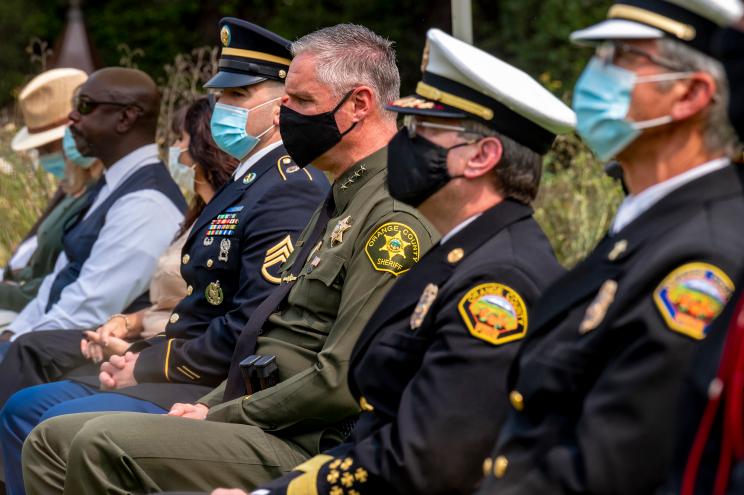 First responders, men and women serving in the military, dignitaries and others gather in the outdoor Pat Nixon Amphitheater at the Richard Nixon Presidential Library and Museum in Yorba Linda on Friday, September 11, 2020 for a ceremony honoring the victims of the Sept. 11 terrorist attacks.