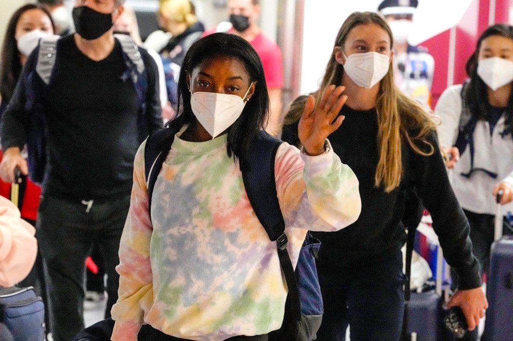 Simone Biles arriving at the airport ahead of the Olympic Games.