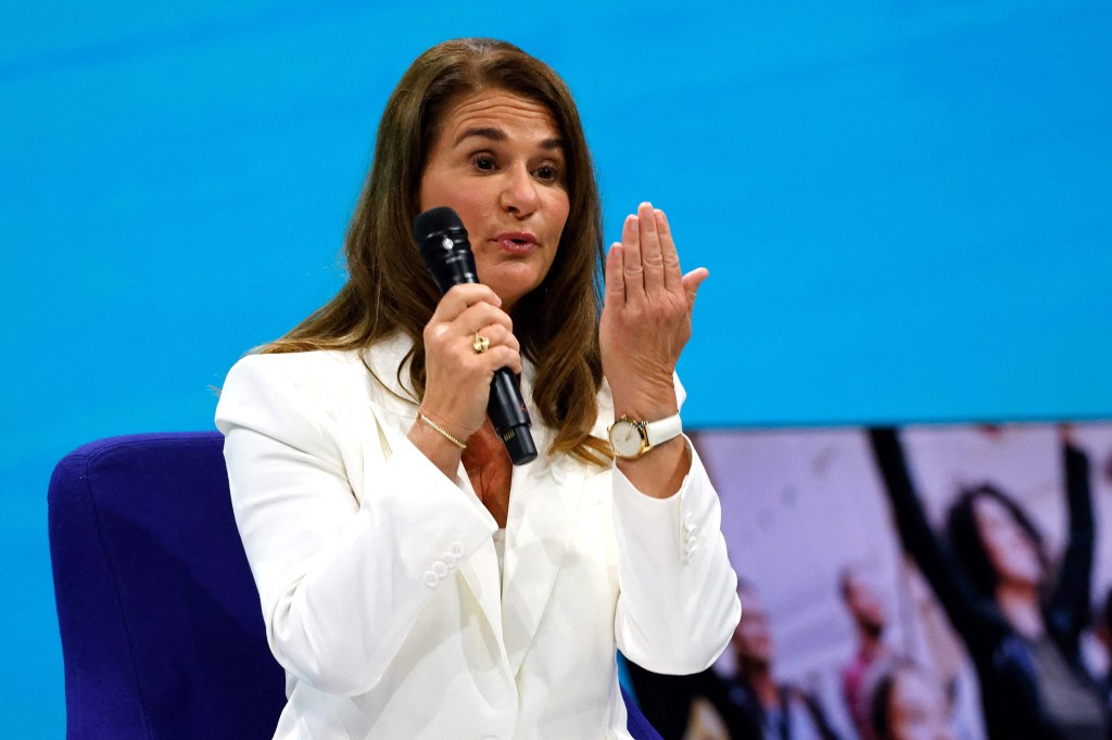 Melinda Gates speaks without her wedding ring, during the Generation Equality Forum in Paris, France.