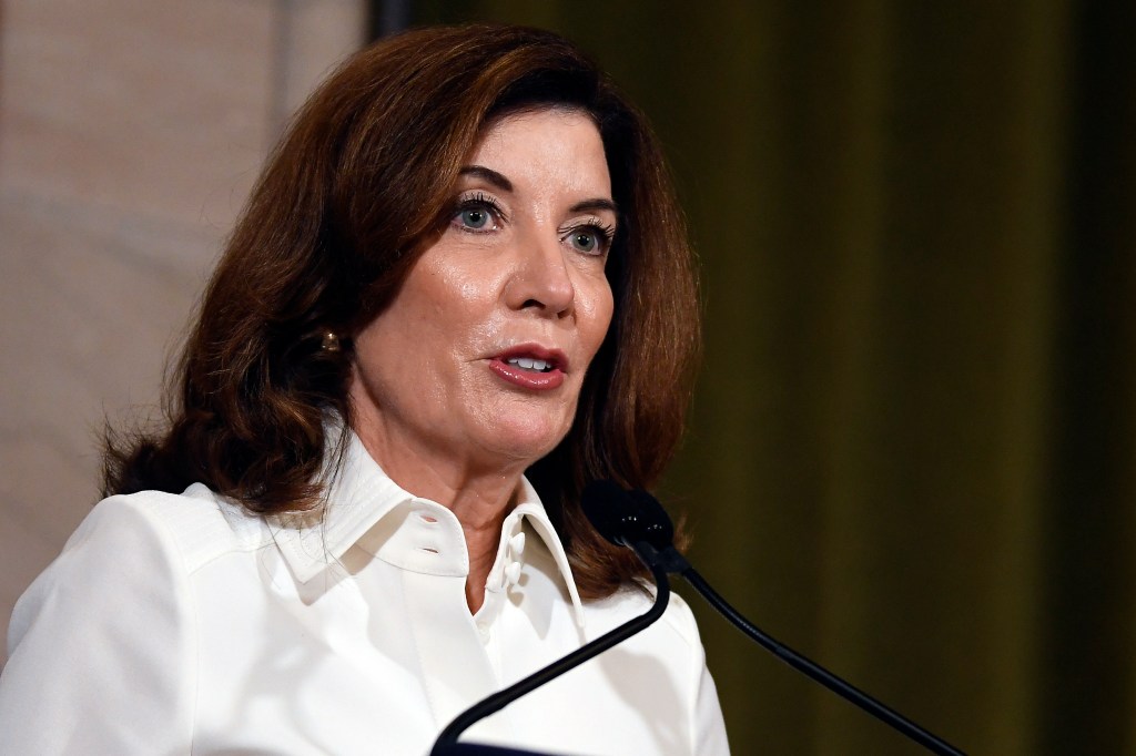 New York Gov. Kathy Hochul speaks to reporters after a ceremonial swearing-in ceremony at the state Capitol, Tuesday, Aug. 24, 2021, in Albany, N.Y.