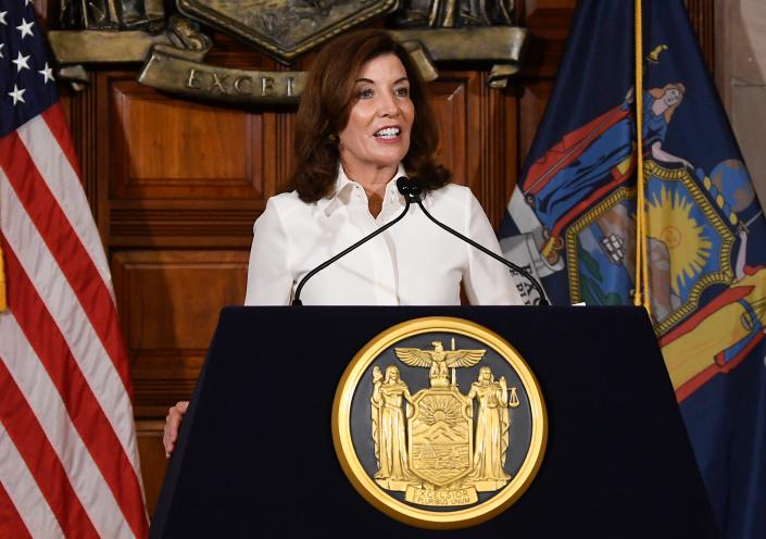 New York Gov. Kathy Hochul speaks to reporters after a ceremonial swearing-in ceremony at the state Capitol, Tuesday, Aug. 24, 2021, in Albany, N.Y.