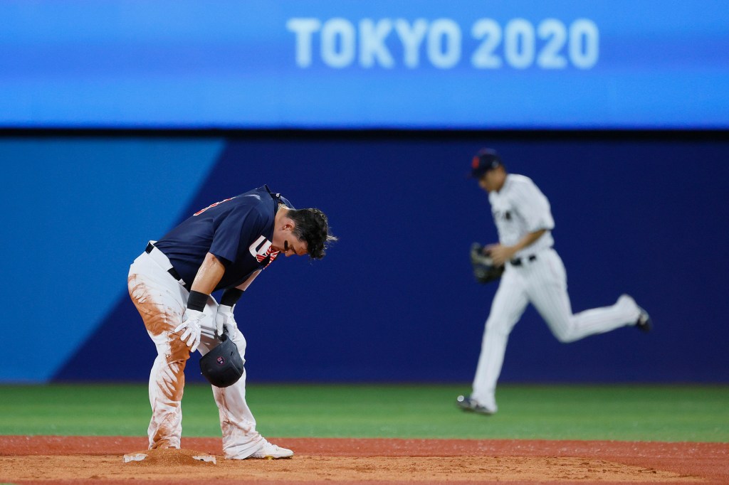 Designated hitter Tyler Austin reacts on second base after the eighth inning of the gold medal game.