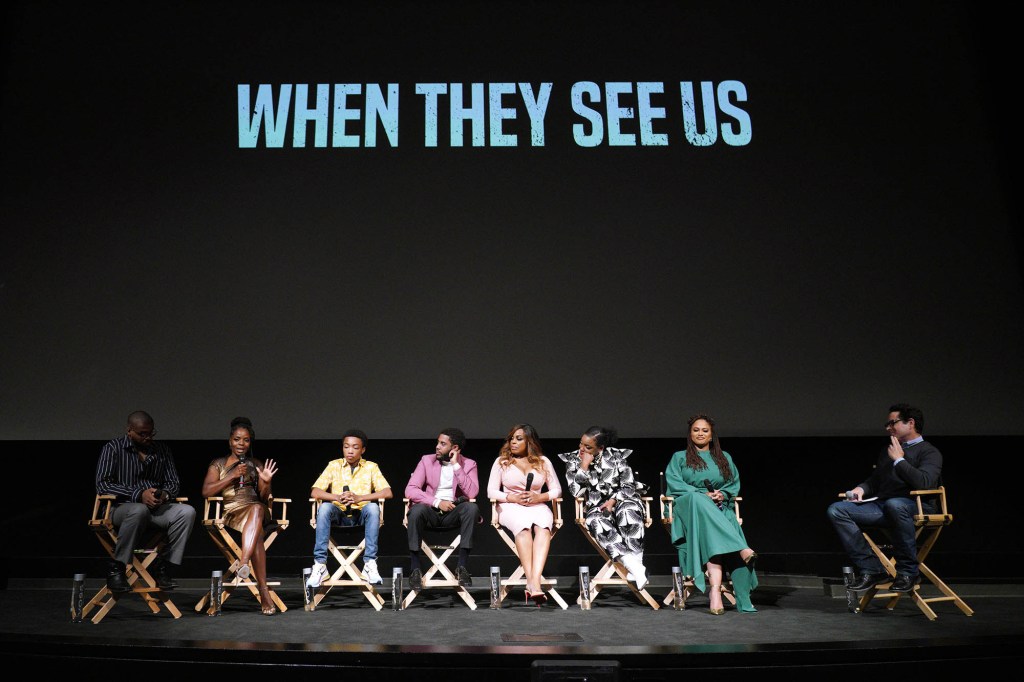 Composer Kris Bowers, actors Marsha Stephanie Blake, Asante Blackk, Jharell Jerome, Niecy Nash, Aunjanue Ellis, filmmaker Ava DuVernay and J.J. Abrams seen onstage during FYC Event For Netflix's 'When They See Us' panel