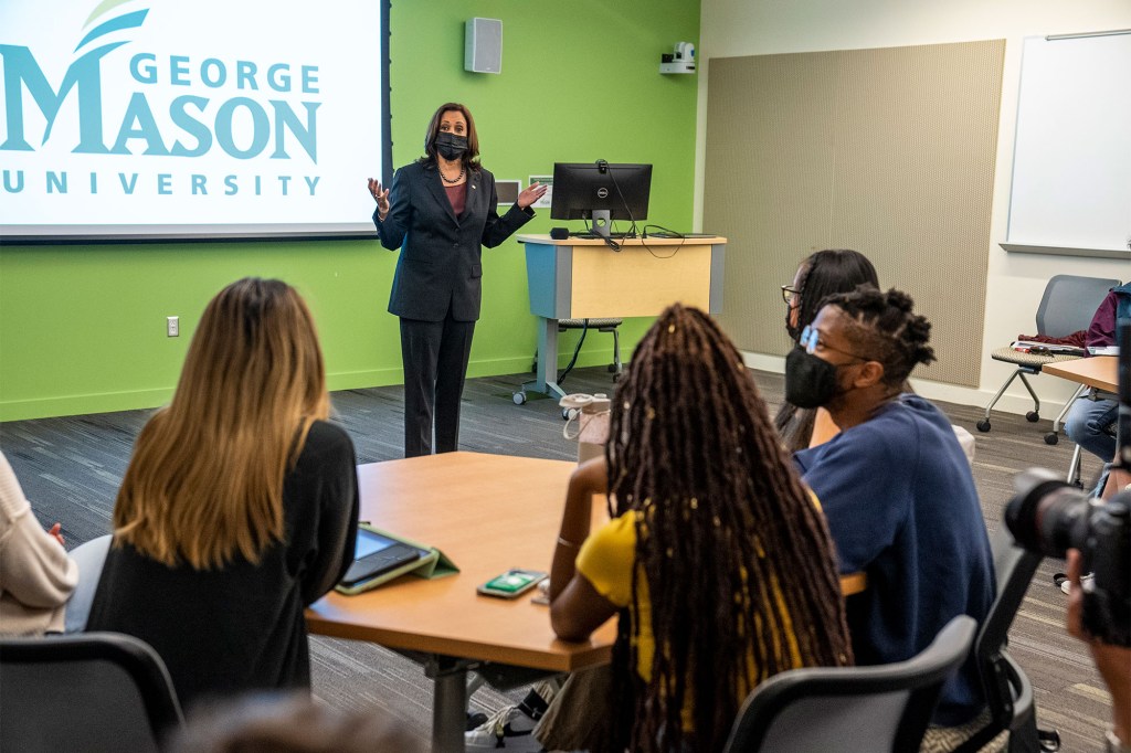 Kamala Harris at the political science classroom at George Mason University.