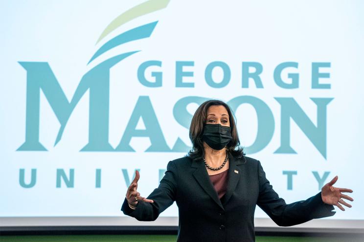 United States Vice President Kamala Harris visits a political science class to commemorate National Voter Registration Day at George Mason University.