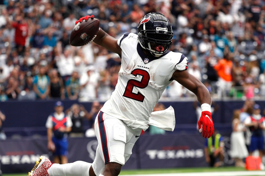 Mark Ingram #2 of the Houston Texans celebrates after a 1-yard touchdown run 