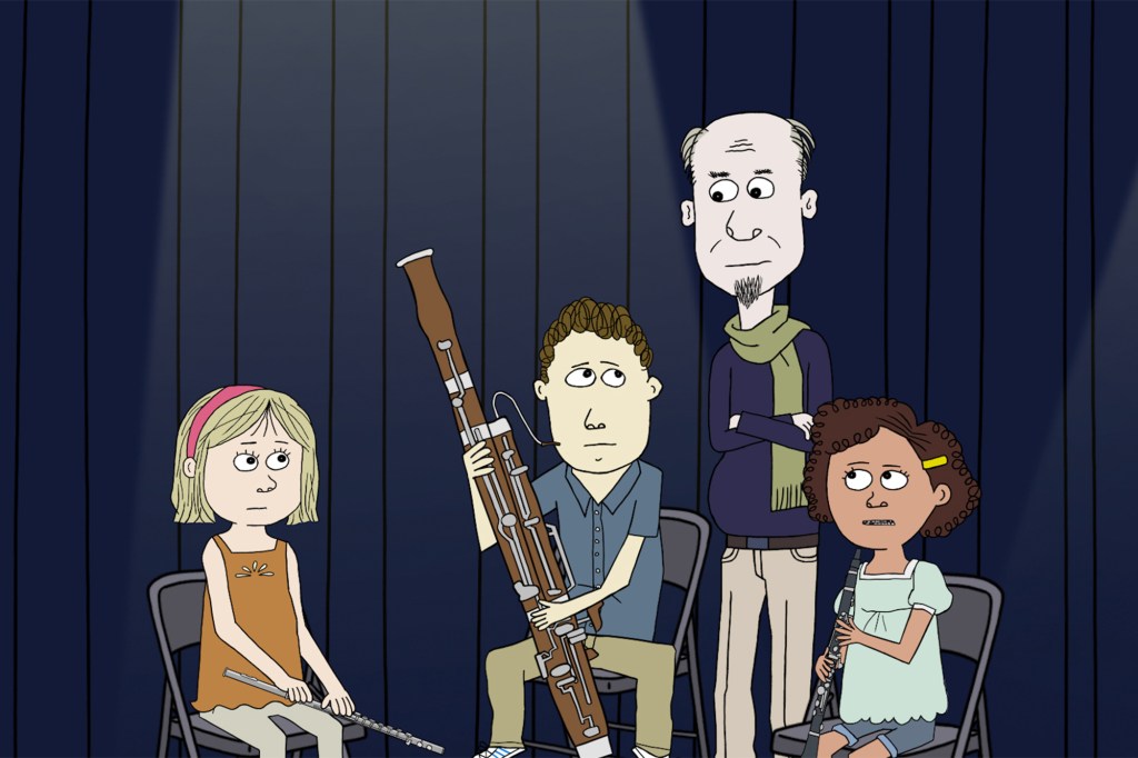 Photo showing Tom holding his bassoon and looking at his music teacher, Mr. B, in "Ten Year Old Tom."