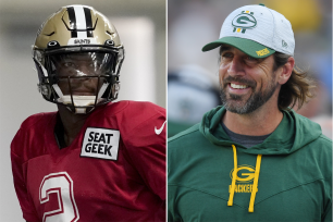 A composite image of New Orleans Saints quarterback Jameis Winston and Green Bay Packers quarterback Aaron Rodgers.