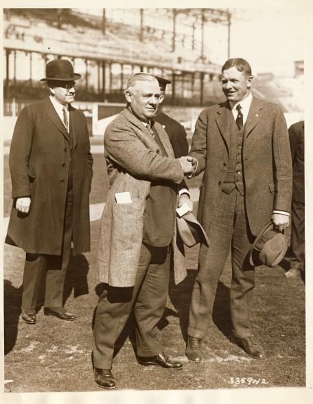 Left to right: Mayor John F. Hylan; John McGraw, manager of the Giants; and Christy Mathewson, president of the Boston Braves, just before the game this afternoon at the Polo Grounds, where the 1923 National League championship season got under way.