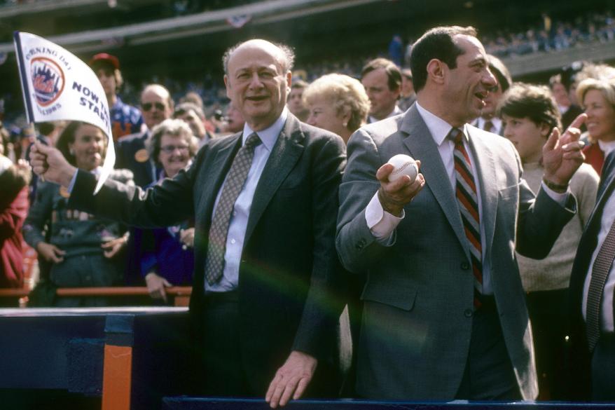 Mayor Ed Koch (left) and the Gov. Mario Cuomo (right) before a 1986 world series between the Boston Red Sox and New York Mets in 1986 at Shea Stadium.