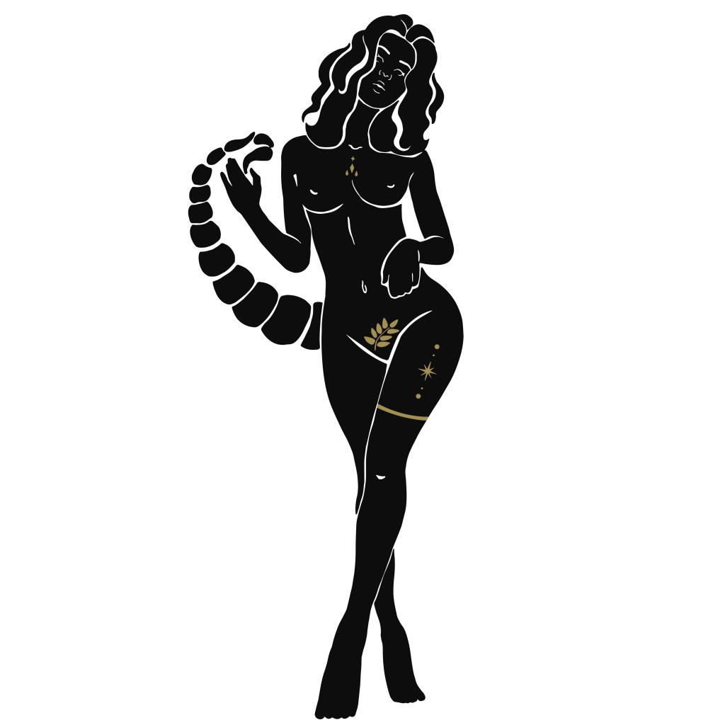 Black silhouette of a woman symbolizing the Scorpio zodiac sign on a white isolated background