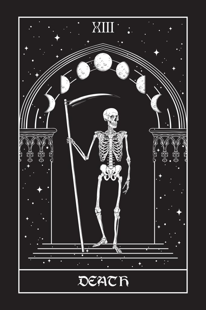 Tarot card Death Grim Reaper with the scythes in front of the gothic arch with moon vector illustration. Hand drawn gothic style placard, poster or print design.